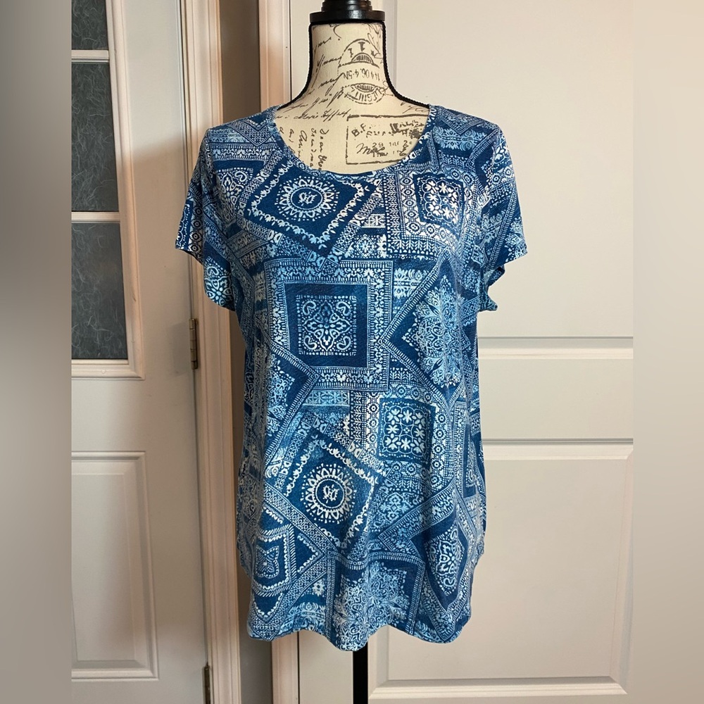 Sonoma The Everyday Tee Blue Patterned Cotton Blend T-shirt Top XL E